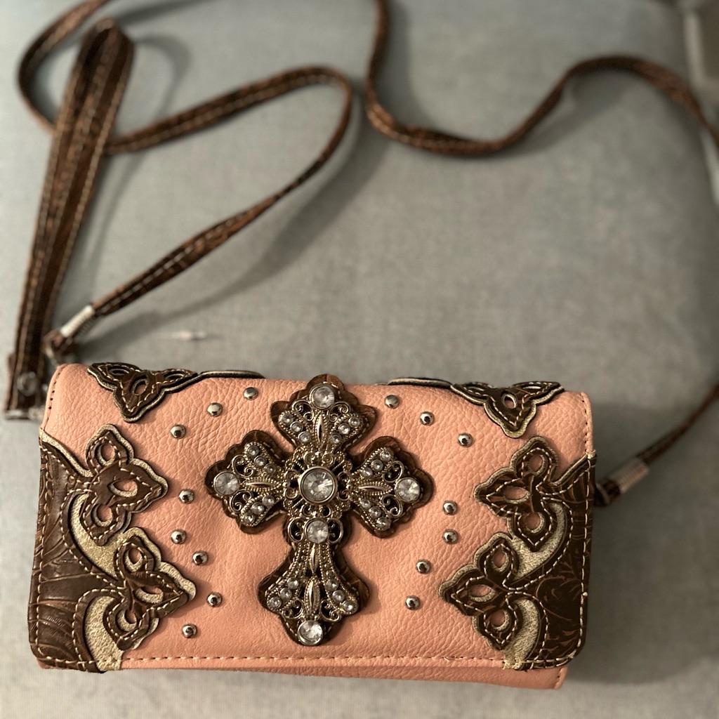 Embellished Cross Accent Salmon Color Women’s Crossbody Bag Wallet